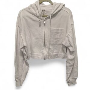 Aerie White Terry Cloth Panels Cropped Zip Up Hoodie Size Small